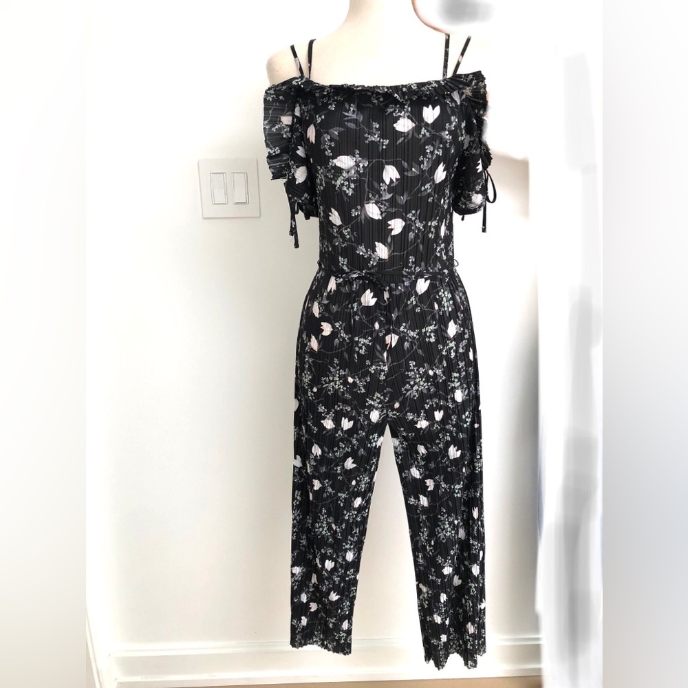 Black Plisse Floral Off-Shoulder Jumpsuit w/ Waist Tie